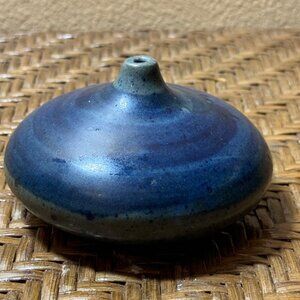 Handcrafted Blue Ceramic Bud Vase Signed Japan Style